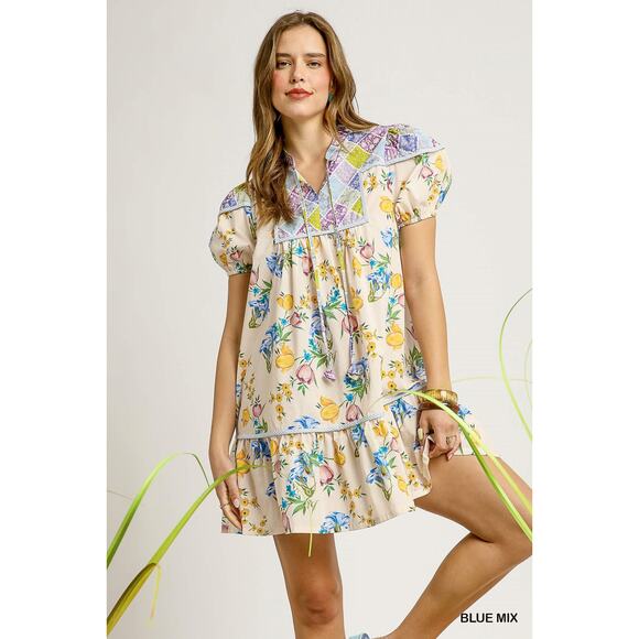 Umgee Floral Print Tie Neckline Puff Sleeves Tiered Babydoll Mini Dress | Blue - Picture 3 of 6